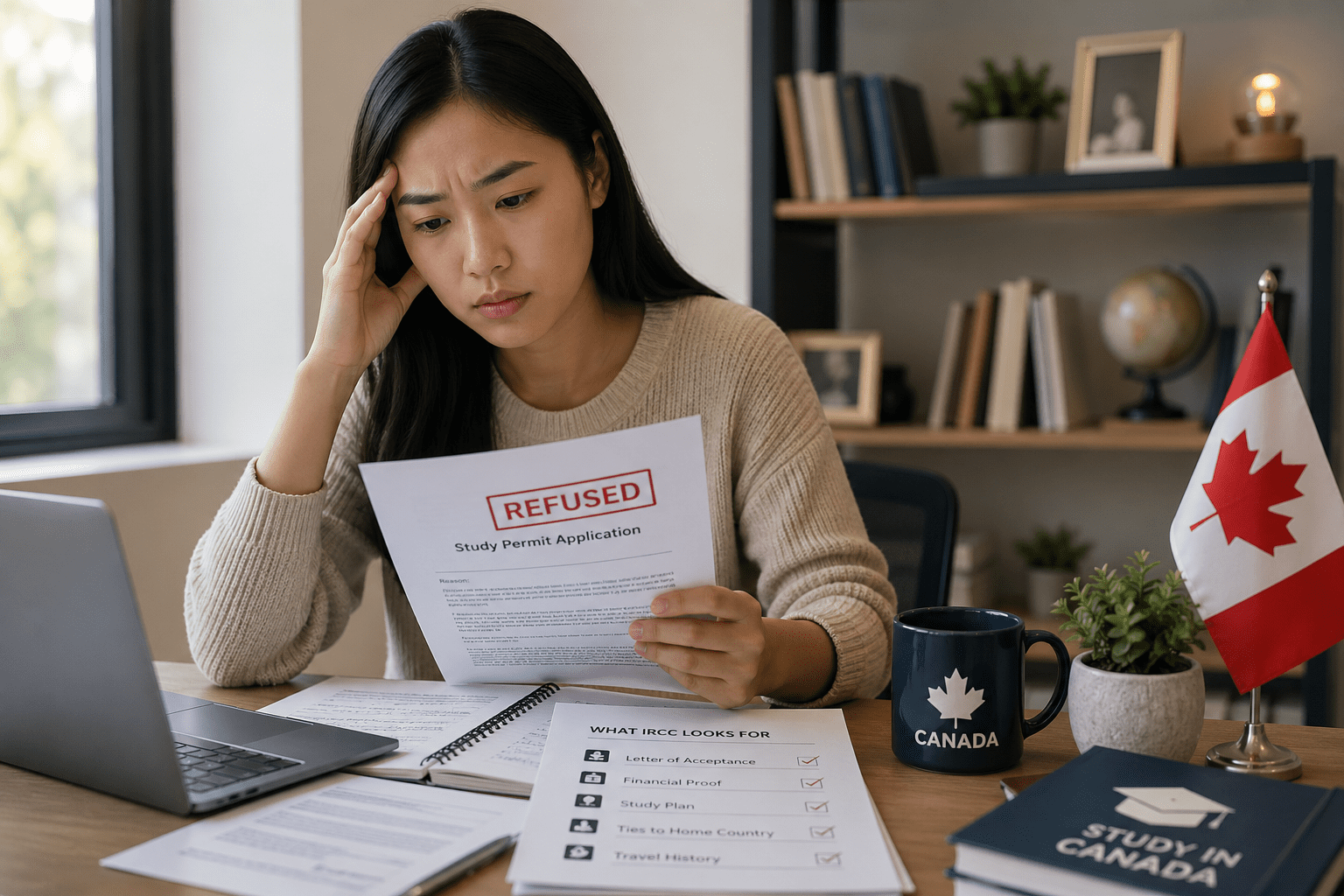 Study permit refusal reasons showing IRCC refusal categories and document fixes for international student applications to Canada