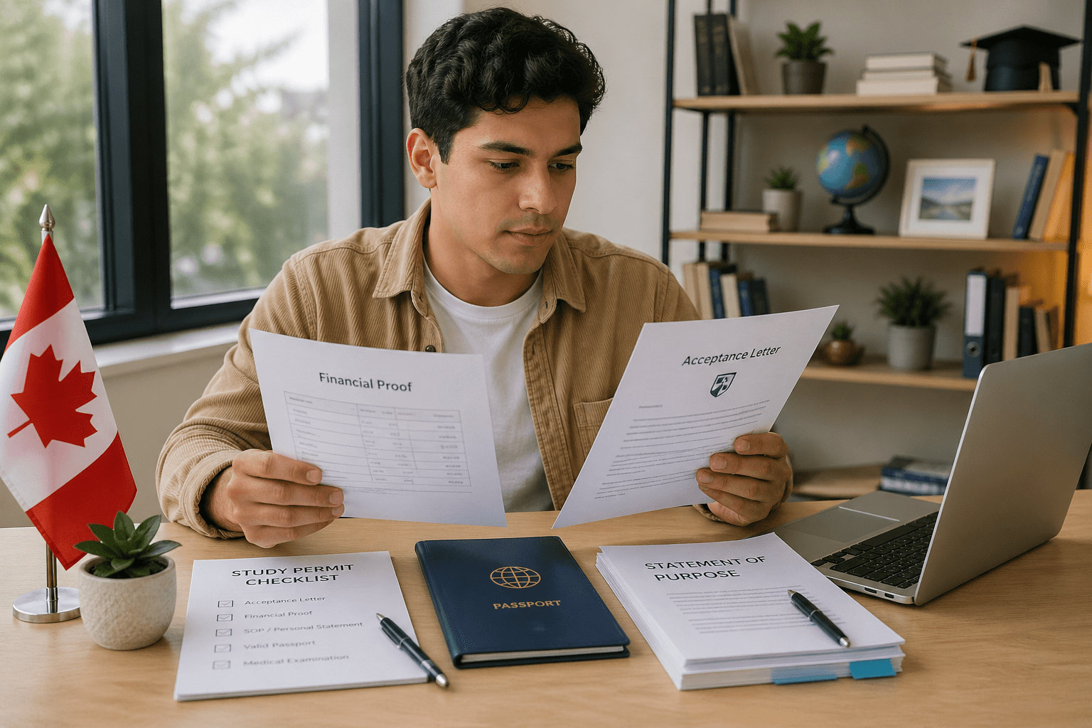 Study permit requirements Canada document checklist showing acceptance letter financial proof and study plan for international student application